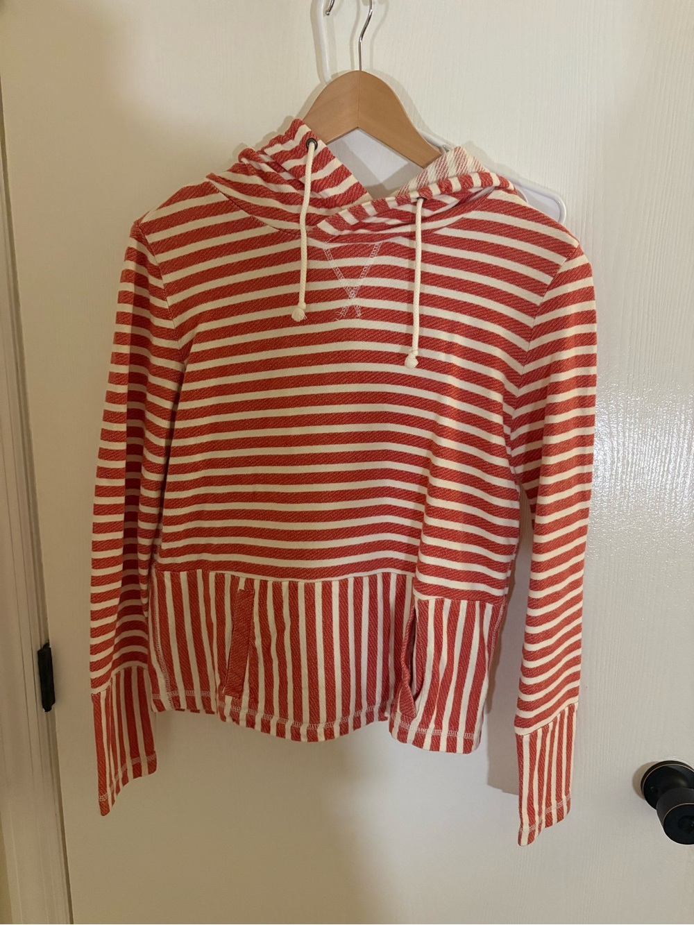 J. Crew Red and Cream Striped Hooded Pullover